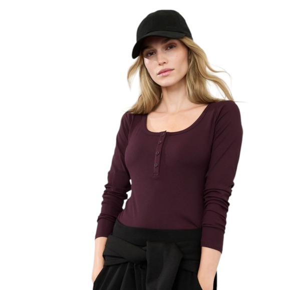 Athleta Women's Signature Modal Rib Henley Top Spiced Cabernet Size XL - Picture 8 of 8
